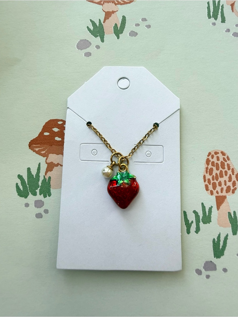 Gold Chain Necklace with Red Strawberry Charm and Pearl Accent